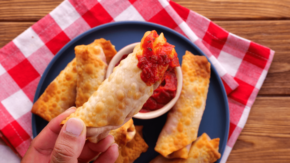 Close-up of air fryer pizza roll.