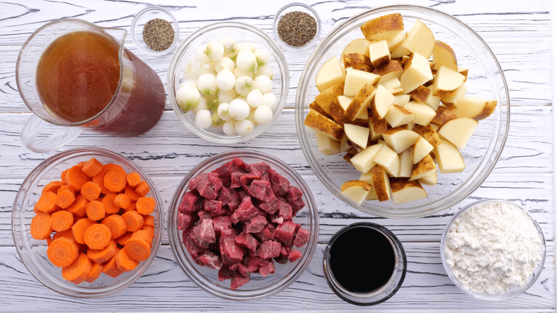 Ingredients for traditional beef stew recipe.
