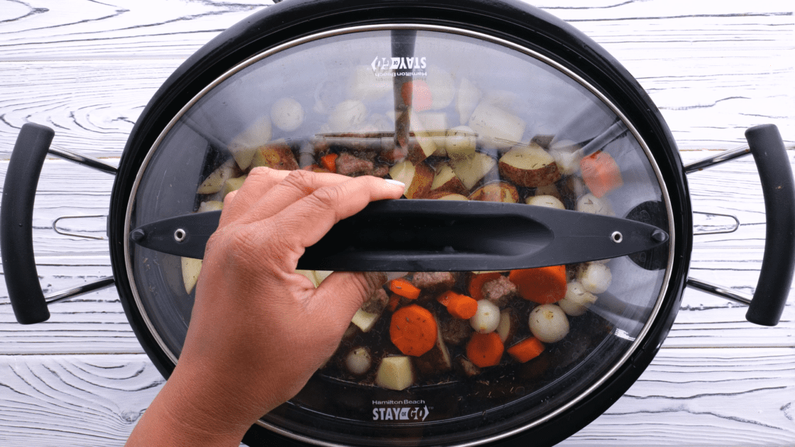Cover crockpot with lid and let the traditional beef stew slow cook all day.