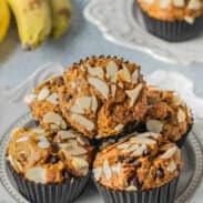 Stack of vegan banana nut muffins.