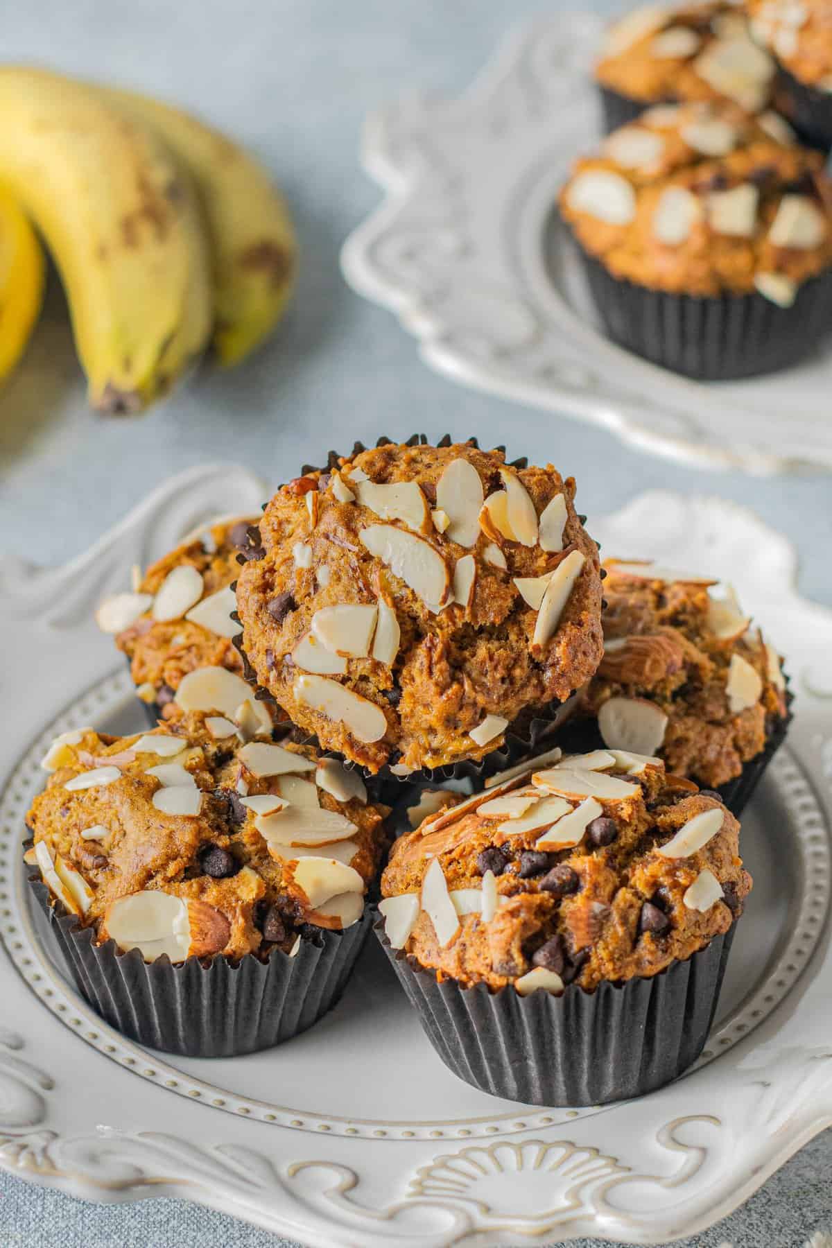 Stack of vegan banana nut muffins.