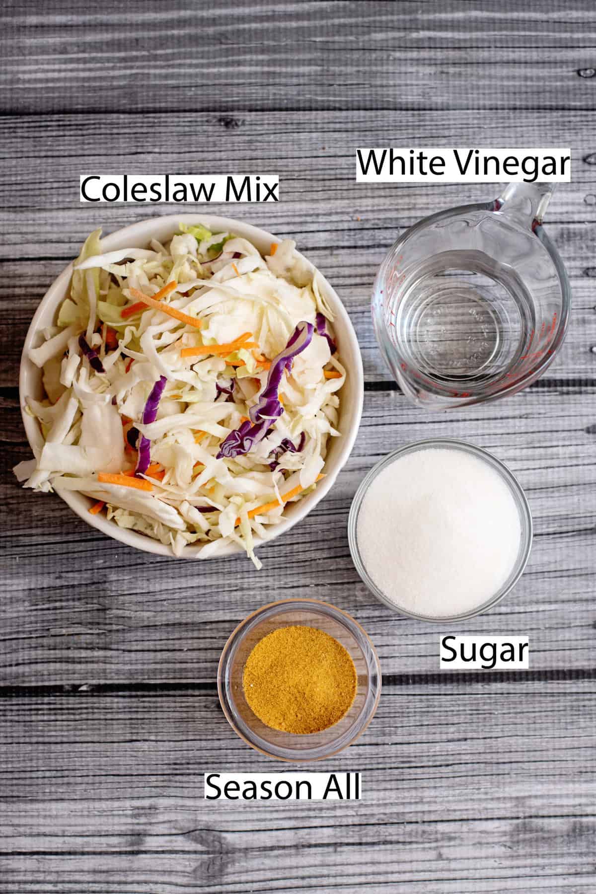 Labeled ingredients for burger slaw include white vinegar, coleslaw mix, sugar, and Season All.