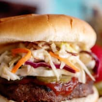 Close-up of burger slaw on a burger.