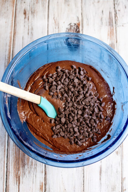 Fold chocolate chips into cake batter.