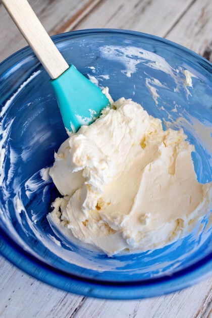 Mix together cream cheese and butter.