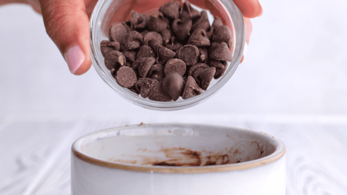 Fold chocolate chips into brownie in a mug mix.