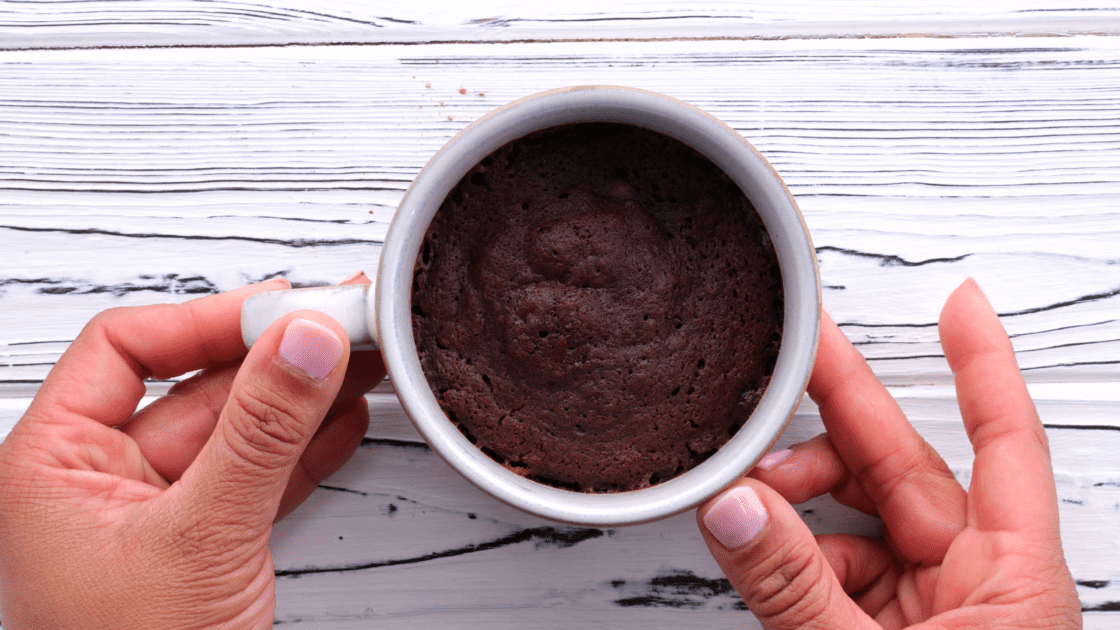 Cooked brownie in a mug.