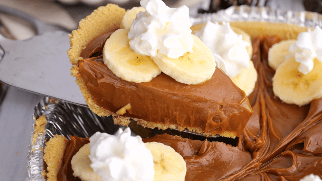 A slice of caramel banana pie.