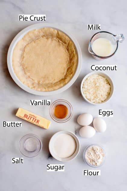 Labeled ingredients for coconut meringue pie.