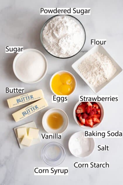 Labeled ingredients for strawberry frosted cookies.