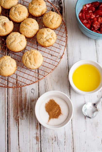 French breakfast puff topping ingredients: melted butter and cinnamon sugar.