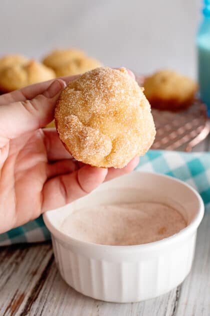 Cinnamon sugar topping on French breakfast puff.