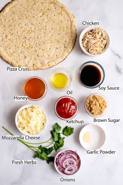 Labeled ingredients for Southern barbecue chicken pizza.