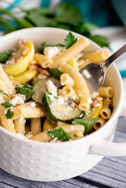 Bowl of summer squash pasta.