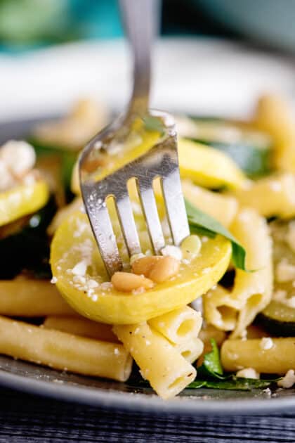 Forkful of summer squash pasta.