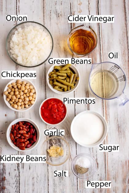 Labeled ingredients for 3 bean salad with dressing.