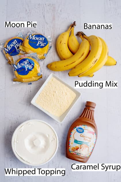 Labeled ingredients for moon pie cake.