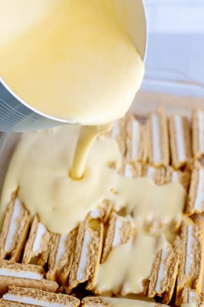 Pour vanilla pudding over baking dish.