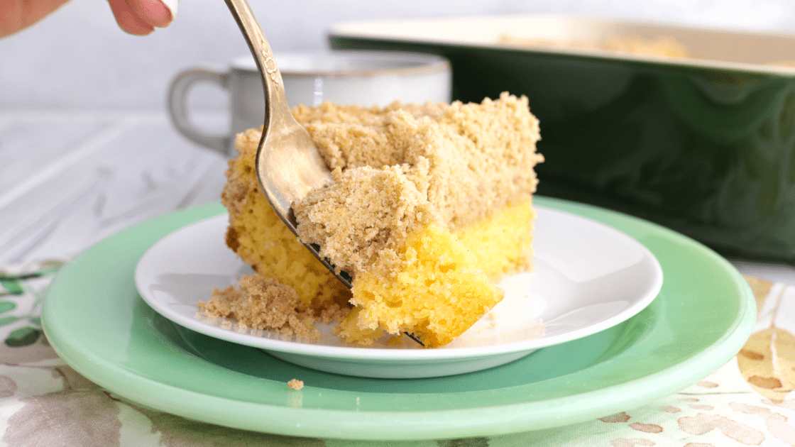 Forkful of crumb cake.