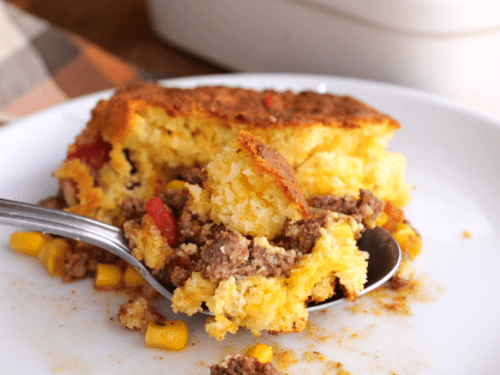 Spoonful of Mexican cornbread casserole.