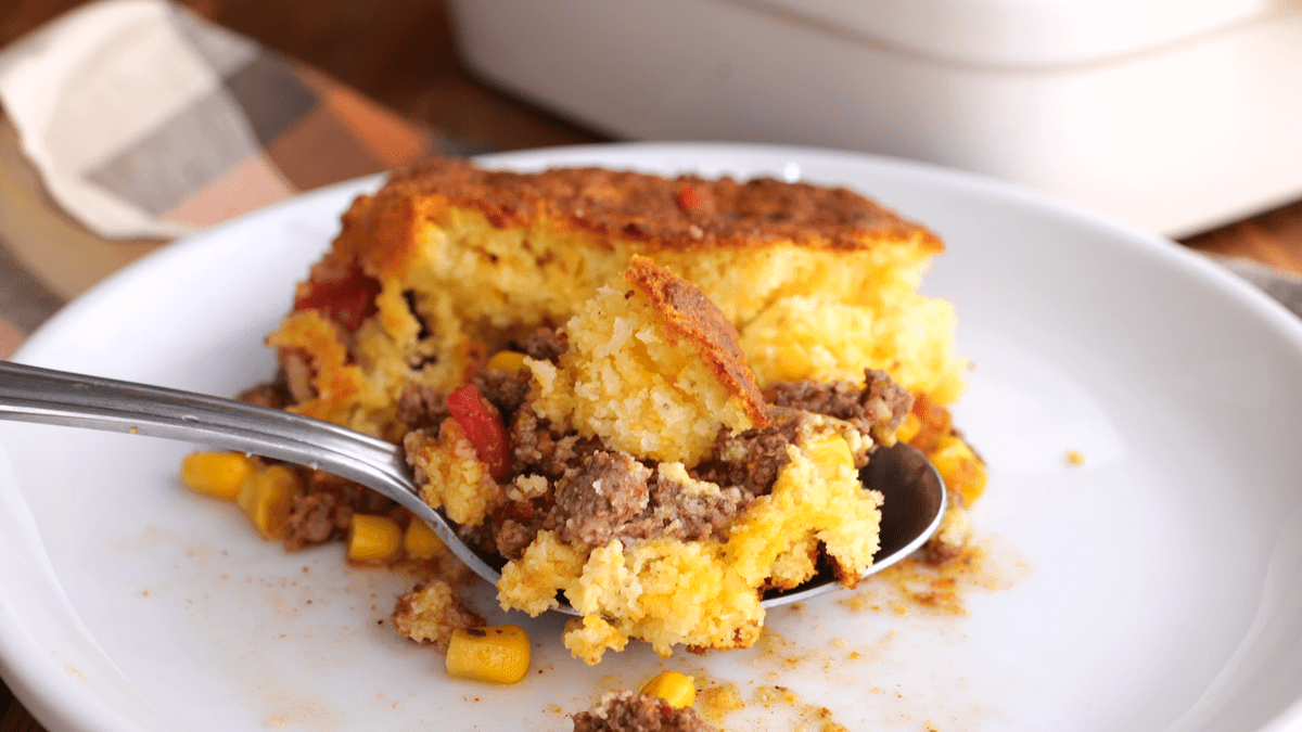 Spoonful of Mexican cornbread casserole.