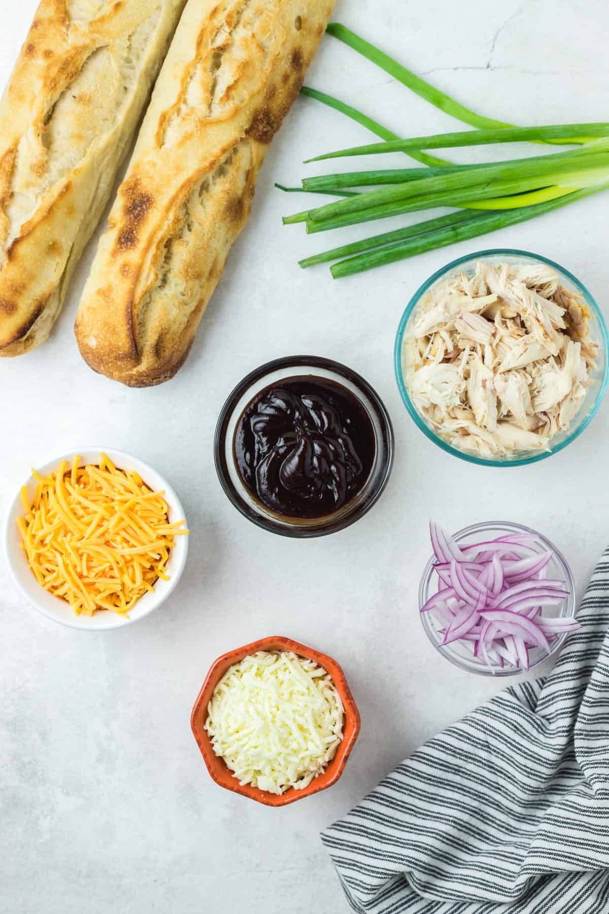 Ingredients for bbq chicken french bread pizza.