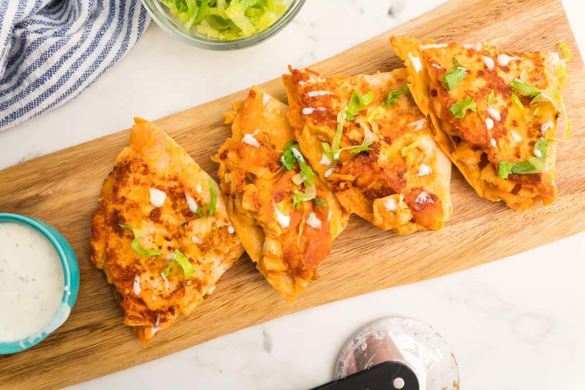 A platter of buffalo chicken quesadillas.