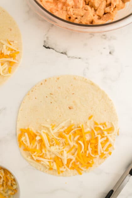 Add cheese to one half of tortilla.