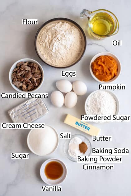 Labeled ingredients for pumpkin bars with cream cheese frosting.