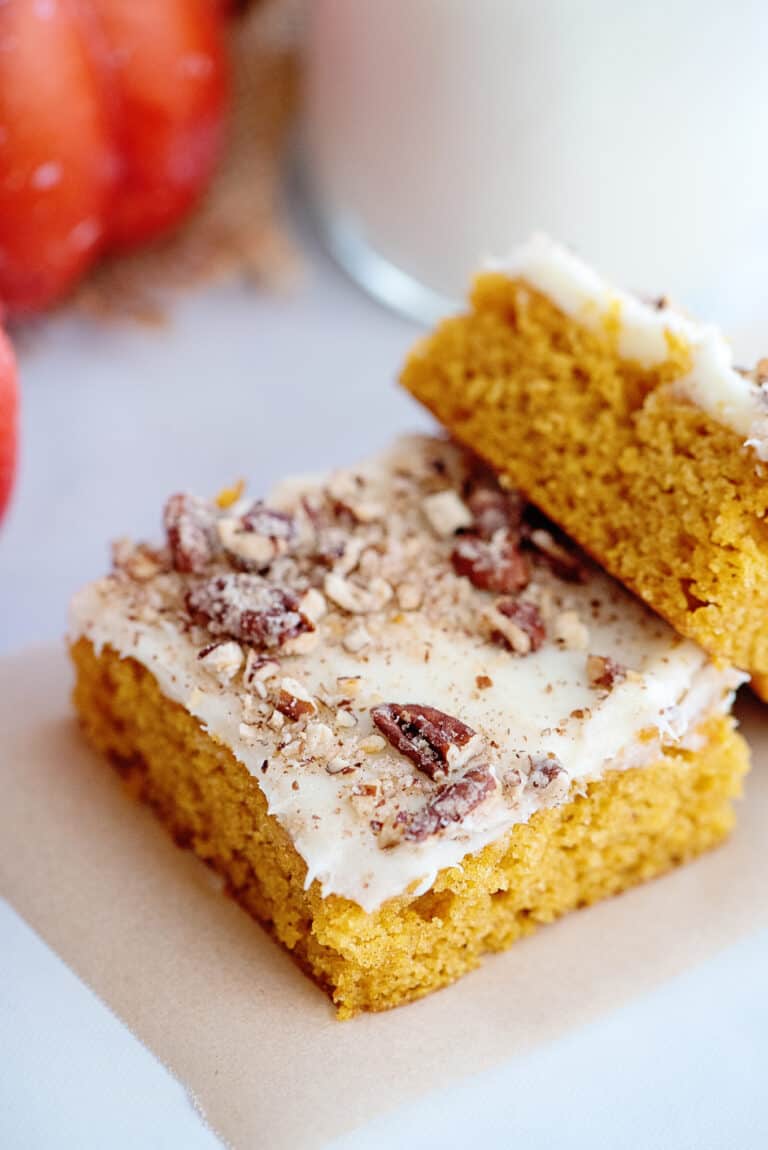 Pumpkin Bars With Cream Cheese Frosting & Candied Pecans