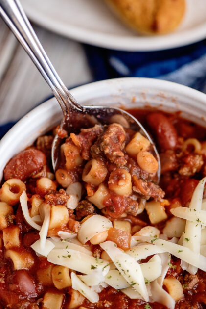 Spoonful of slow cooker pasta fagioli.