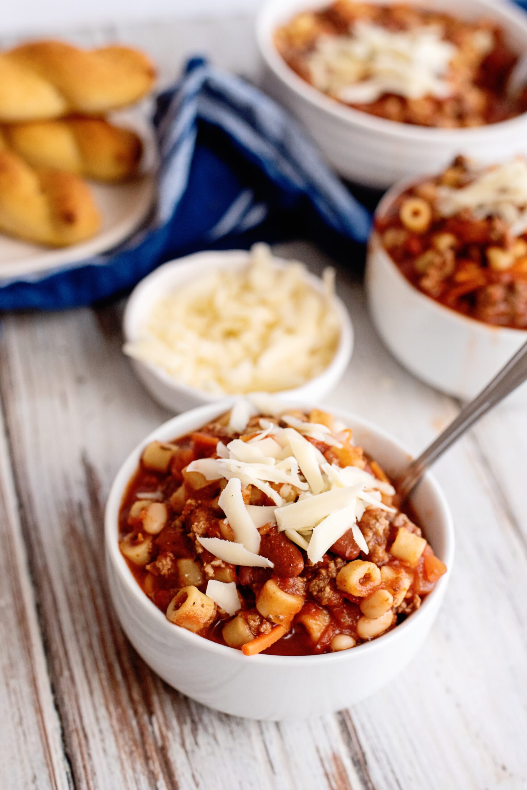 Bowl of slow cooker pasta fagioli.