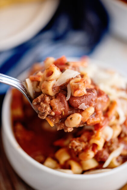 Spoonful of slow cooker Pasta Fagioli.