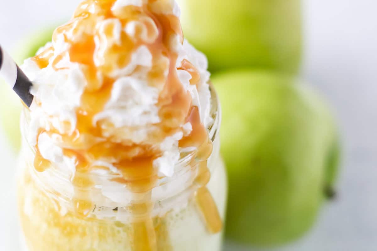 Close-up of caramel apple milkshake.