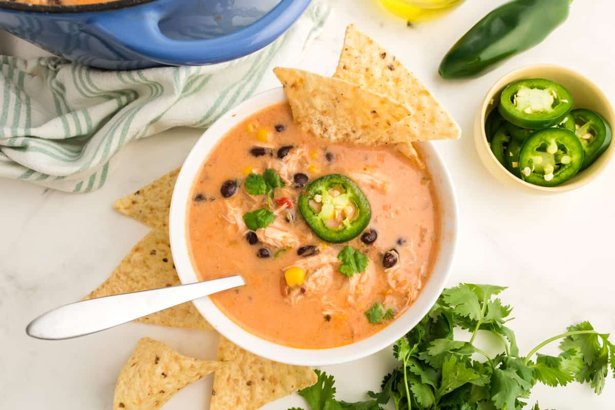 Bowl of Southwest chicken soup.