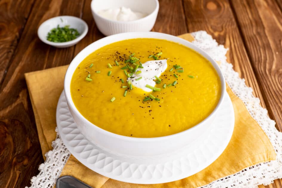 Bowl of vegan butternut squash soup.