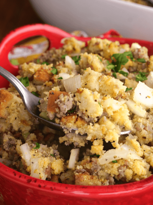 Forkful of sausage cornbread stuffing.