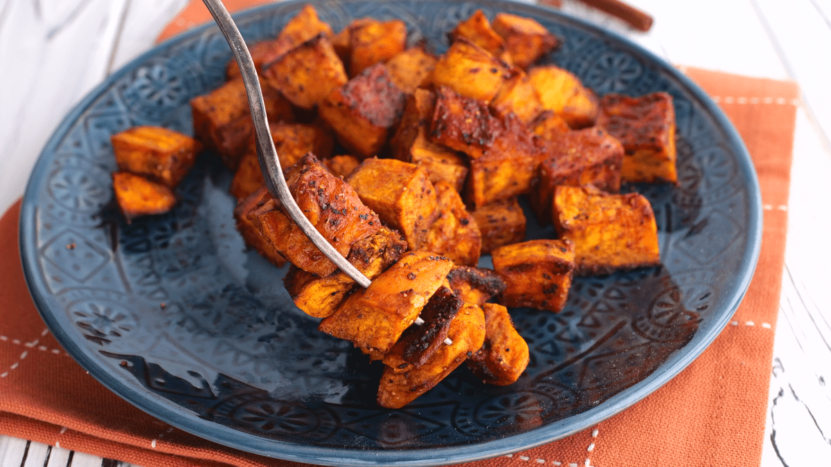 Forkful of honey roasted sweet potato.