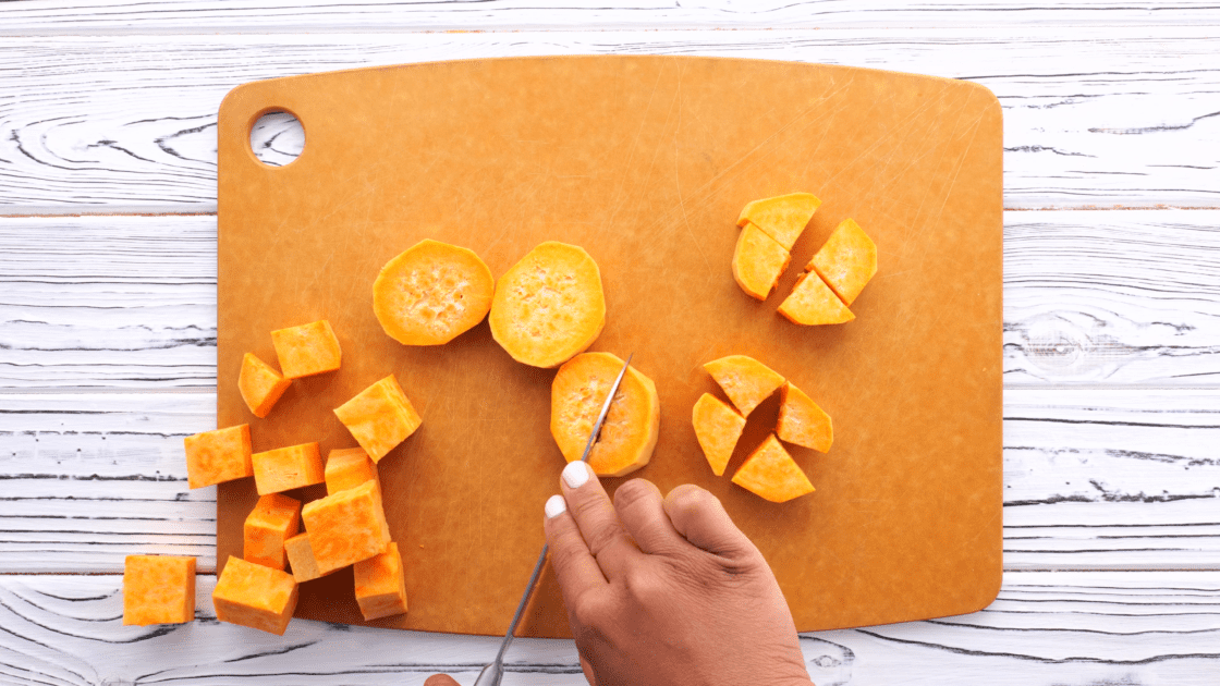 Cut sweet potato into squares.