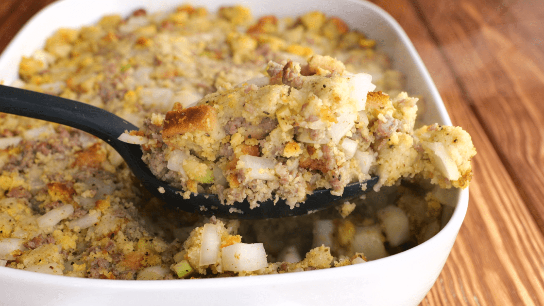 Spoonful of sausage cornbread stuffing.