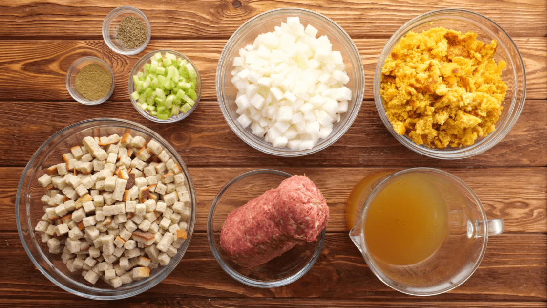 Ingredients for sausage cornbread stuffing.