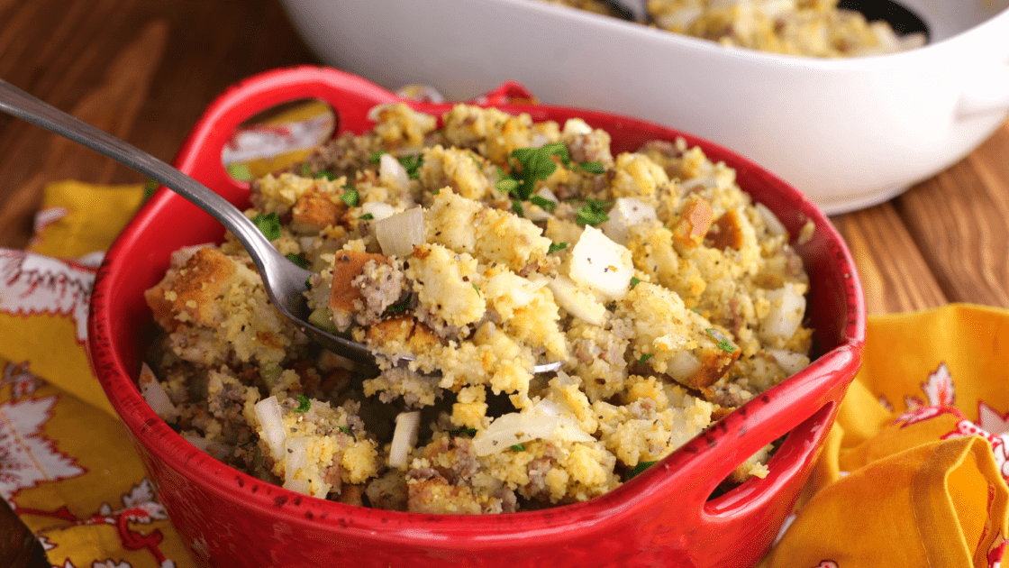 Forkful of sausage cornbread stuffing.