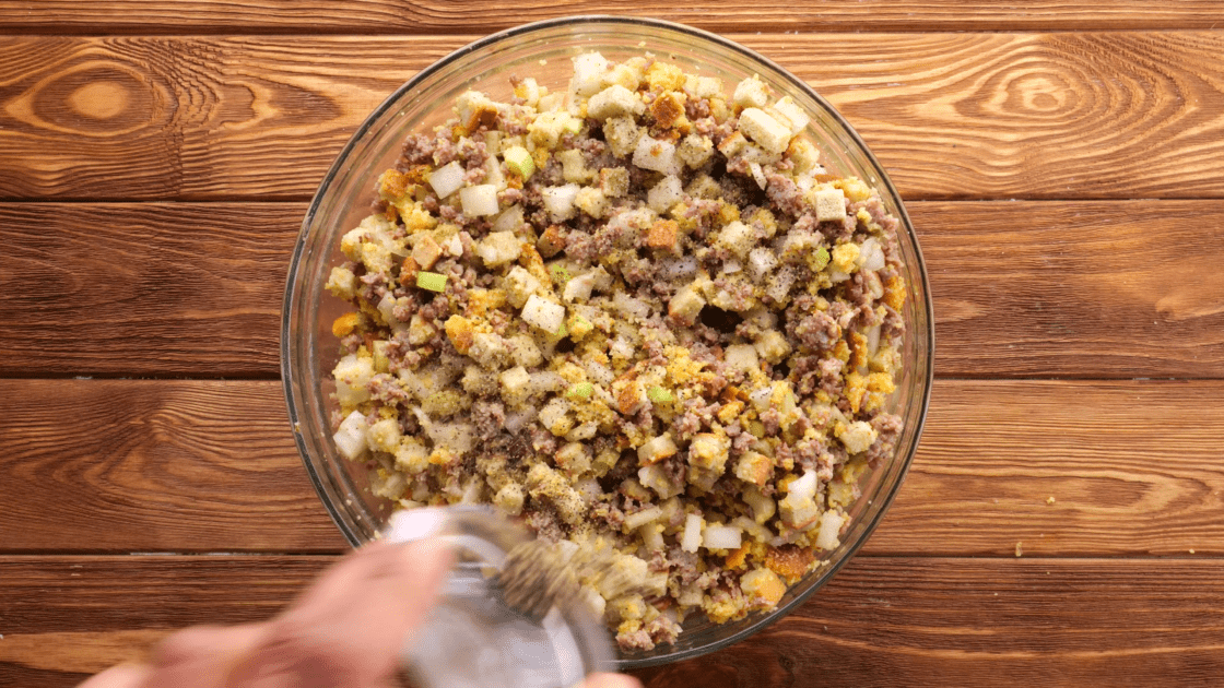 Season sausage cornbread stuffing with salt and pepper.