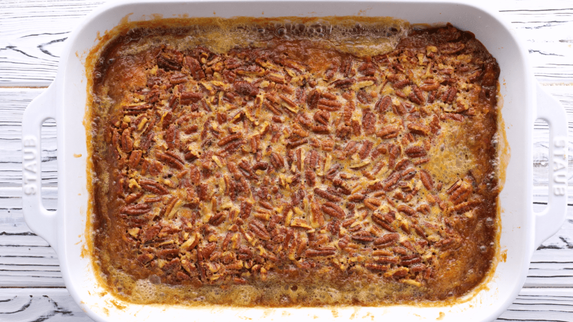 Baked pecan bars out of the oven.