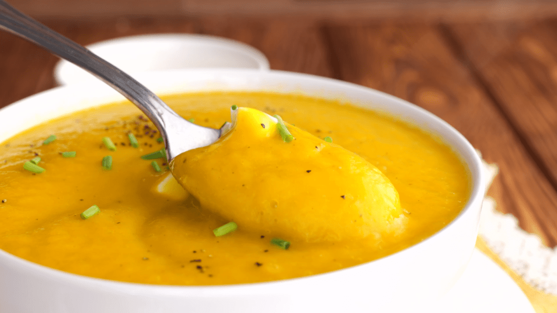 Spoonful of vegan butternut squash soup.