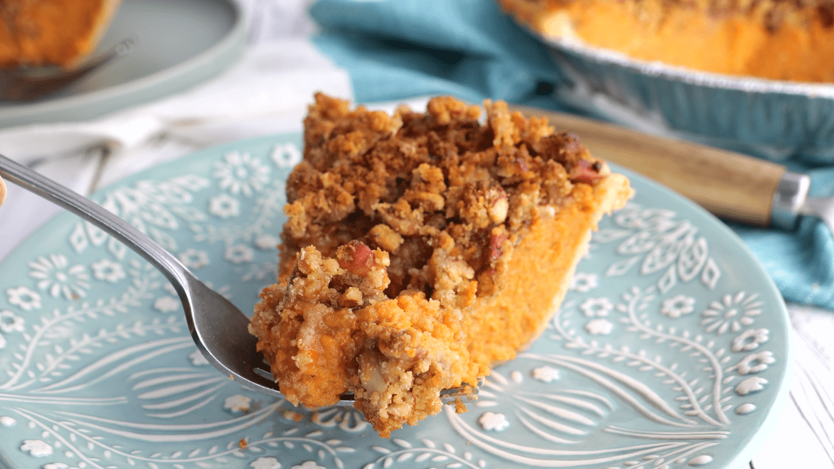 Forkful of Southern sweet potato pie.