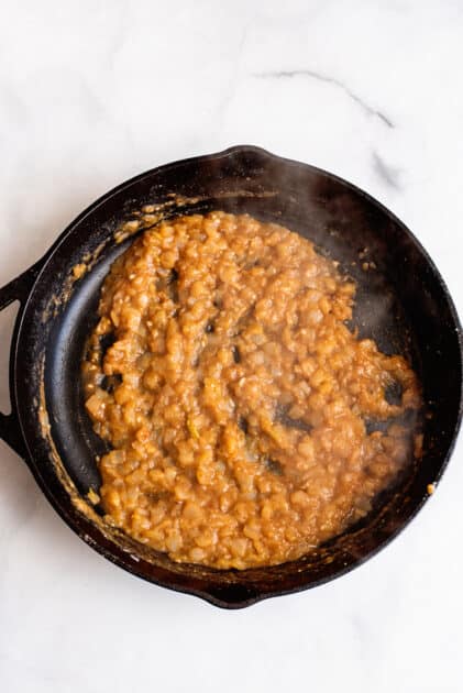 Prepared onion gravy for Southern smothered chicken.