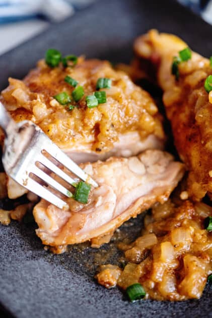 Close-up of Southern smothered chicken.