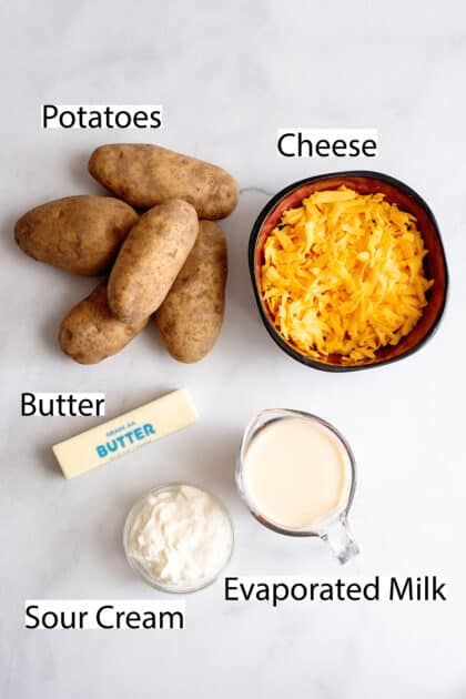 Labeled ingredients for cheesy mashed potatoes.