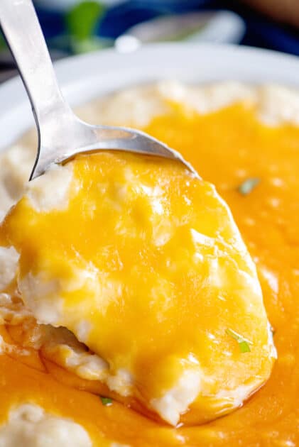 Close-up of cheesy mashed potatoes.